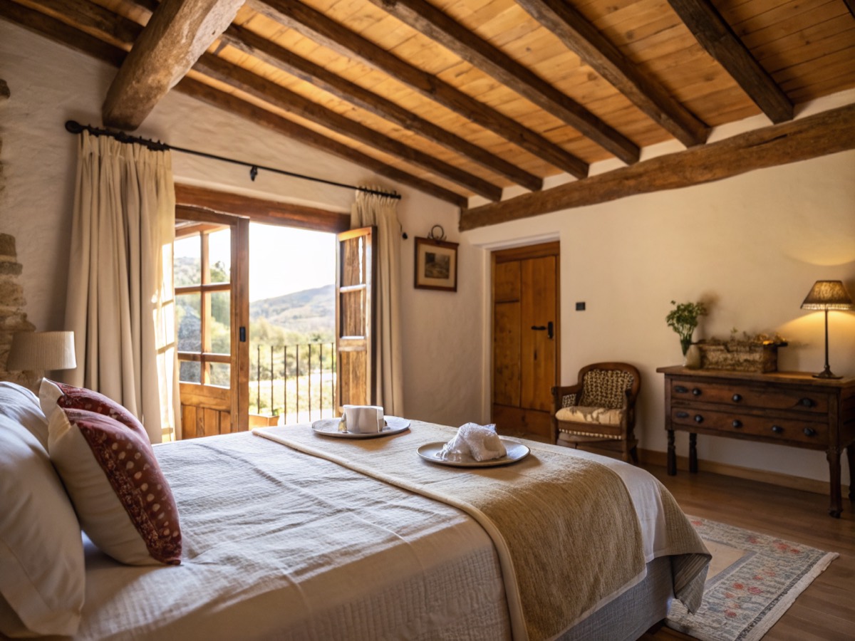 Recepción de una casa rural gestionando reservas desde el ordenador.